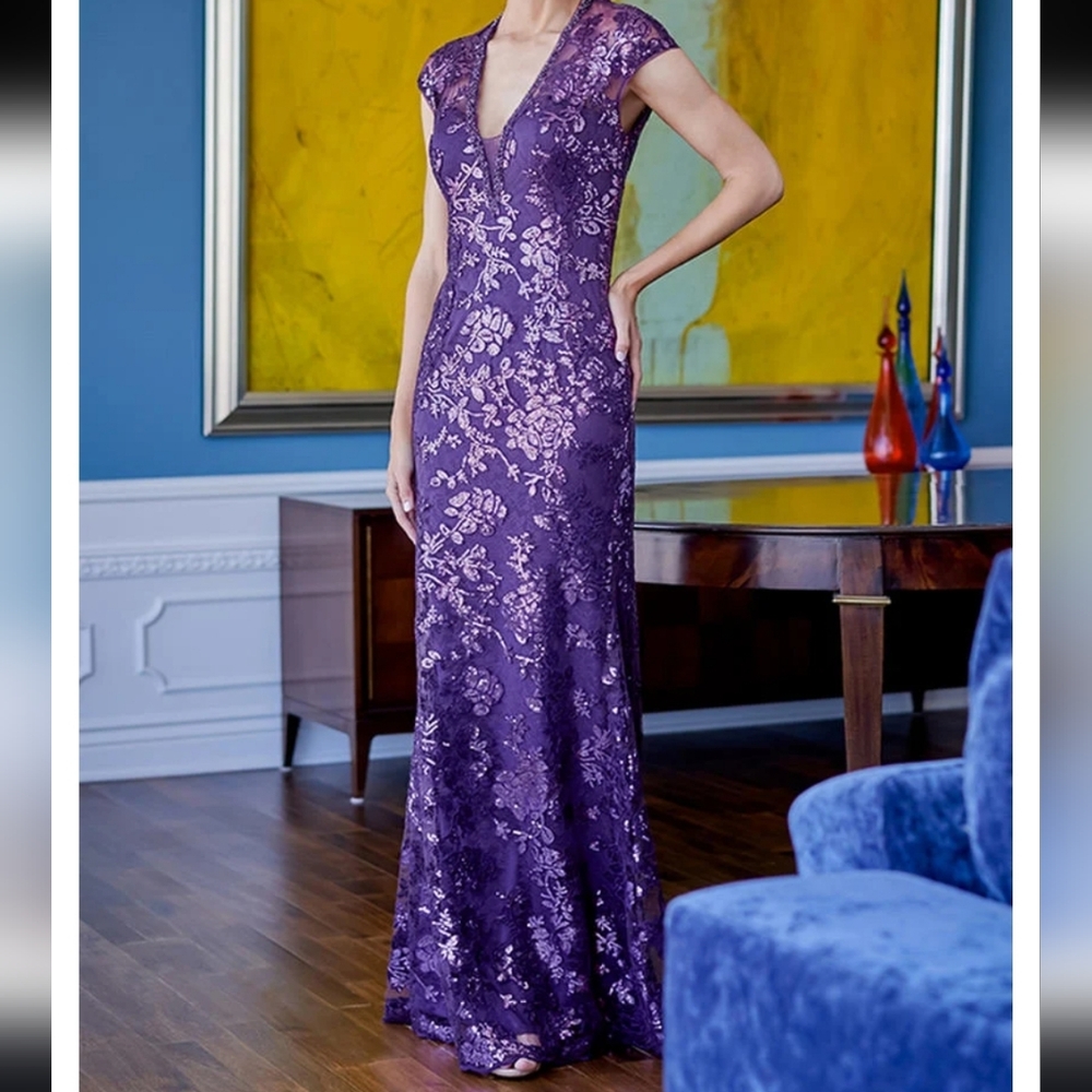 Mother Of The Bride Jade Couture by Jasmine Purple Floral Sequin Maxi Dress